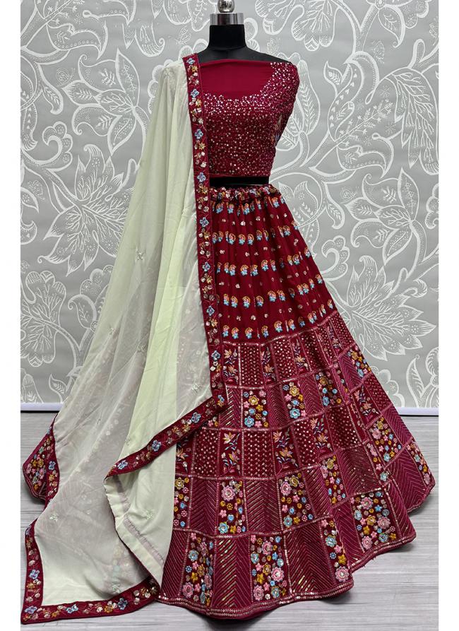 Georgette Crimson Wedding Wear Thread Work Lehenga Choli